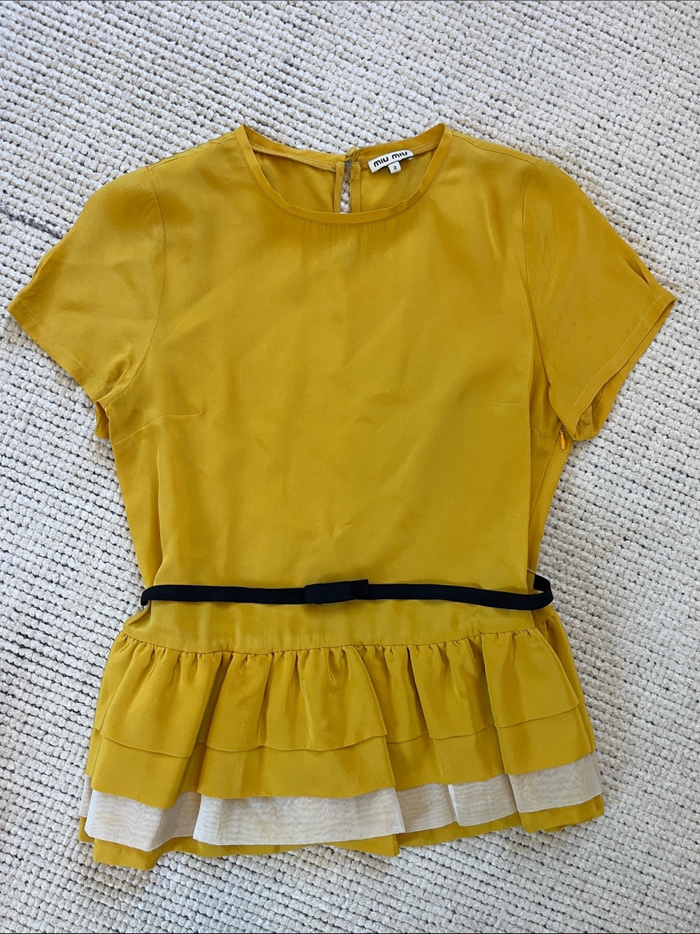 Miu Miu Yellow Short Sleeve Ruffle Peplum Top with Black Waist Ribbon